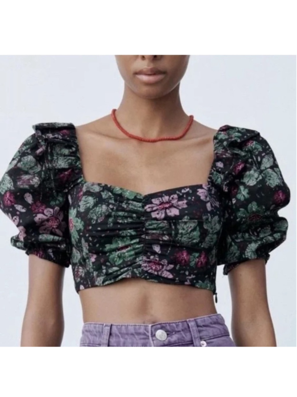 Zara puff sleeve floral crop top holiday club vacation sz xs NWT